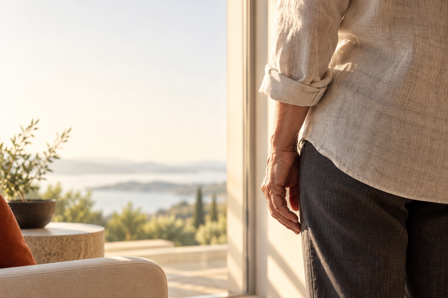 Editorial photograph of an adult standing beside a sunlit window