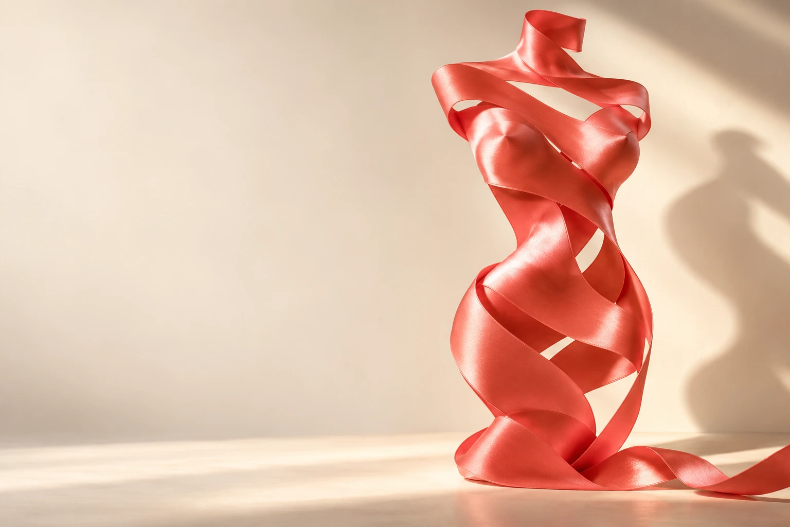 Coral satin ribbon forming an abstract human silhouette